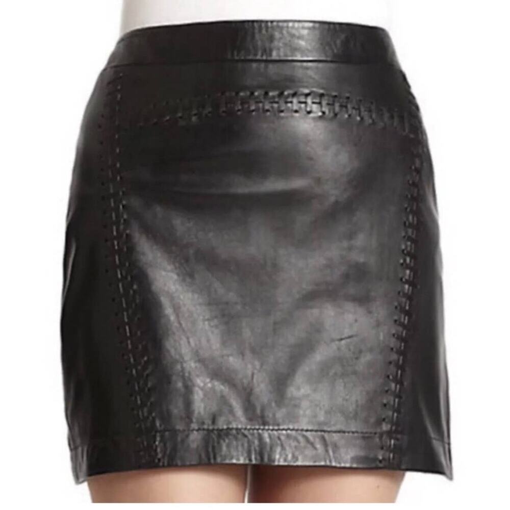 French Connection Black Seamed Leather Whip Stitch Mini skirt orig $298 size 6